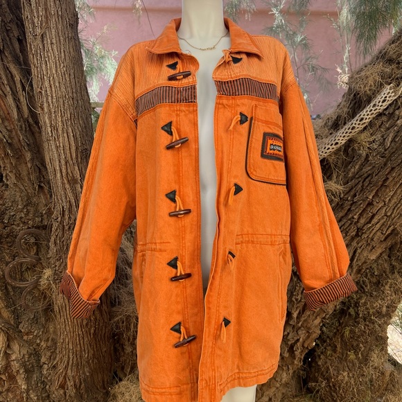 Major Damage Patchwork Drawstring Denim Coat, Mens XXL - Orange/Blk, 90s Vintage - Picture 2 of 12